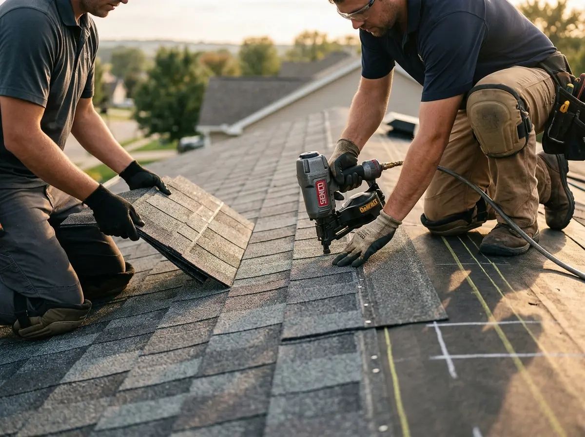 Professional roofer working on a residential roof in DeSoto